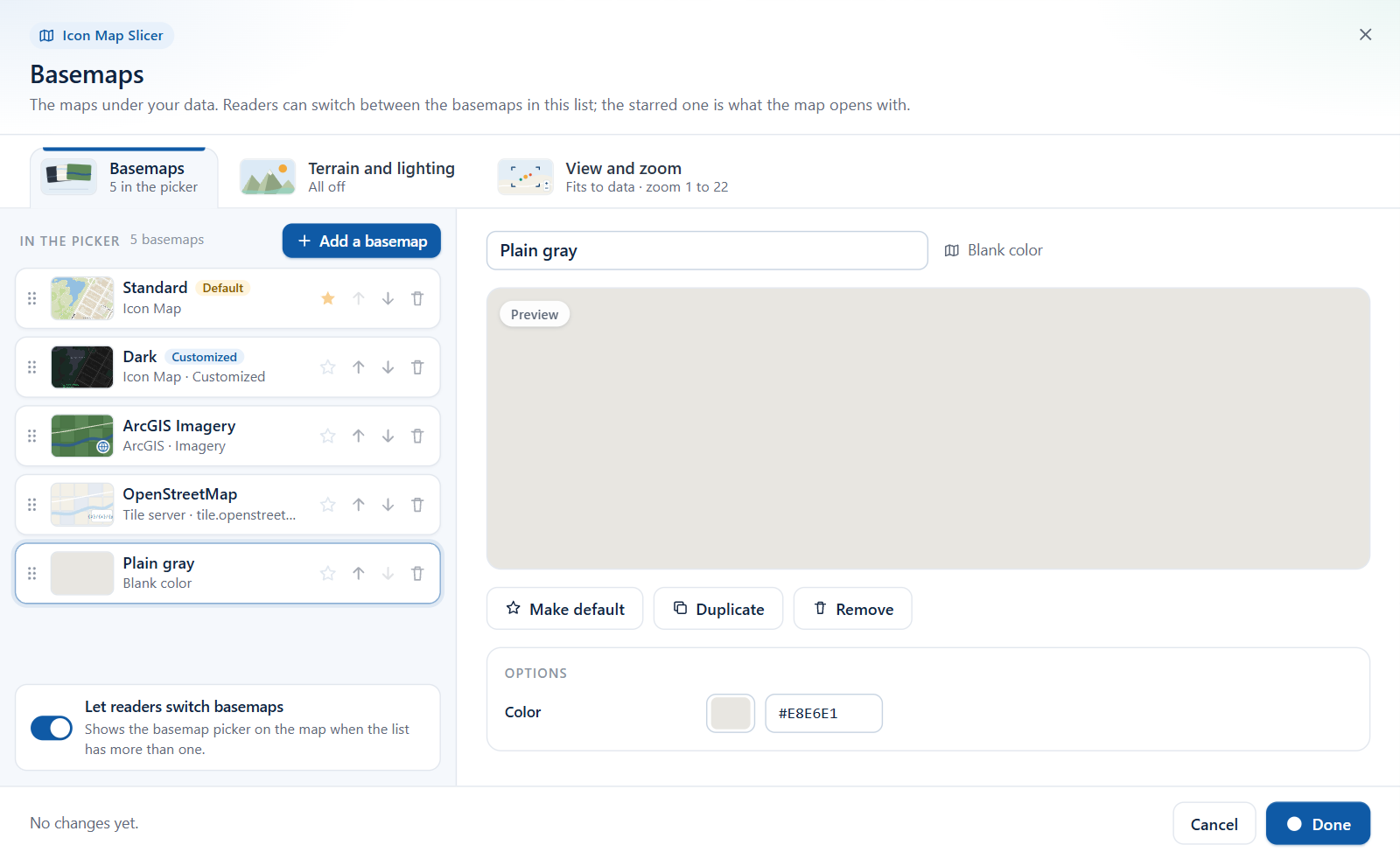 The Blank form in the Basemaps dialog with a color picker