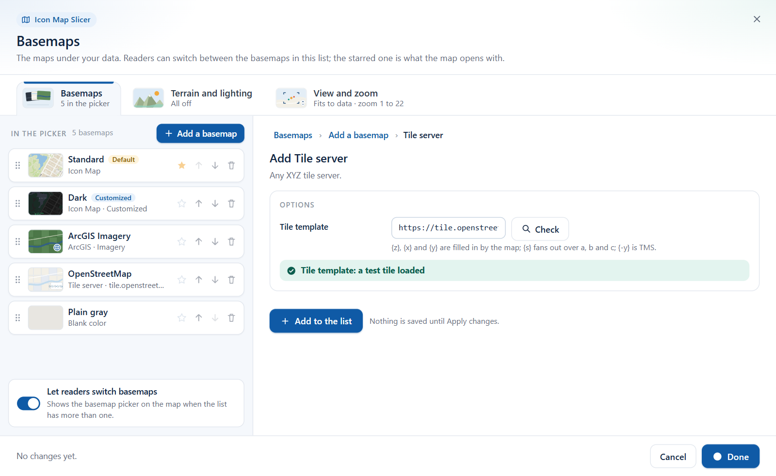 The Tile server form in the Basemaps dialog after a successful check