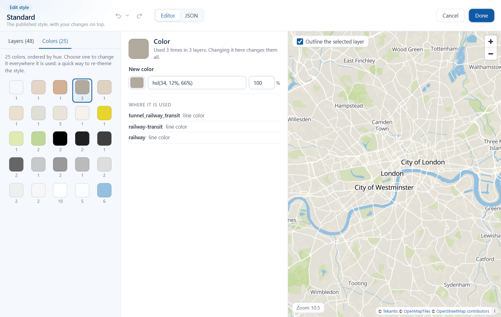 The Colors tab with a grid of swatches, one selected, and the panel with New color and Where it is used