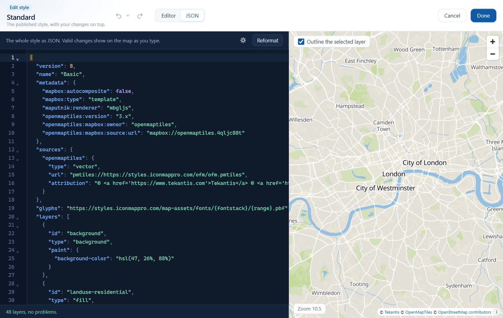 The JSON view of a style with line numbers and the live preview beside it