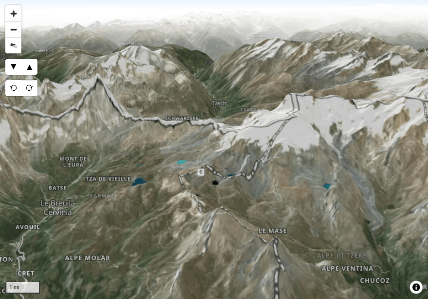 A tilted view of a mountain with 3D terrain, hillshade and a hazy white horizon under the sky