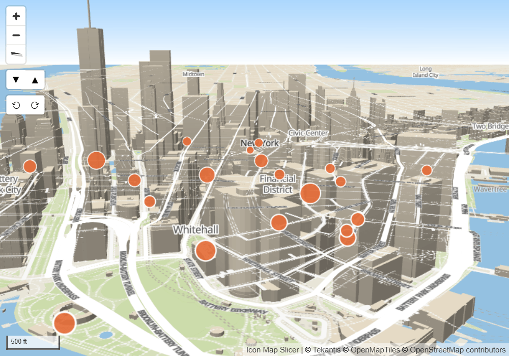 A tilted and rotated city map with 3D buildings and a sky above the horizon