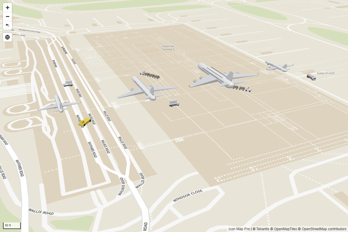 An airport on a tilted map with aircraft at their stands and service vehicles drawn as 3D models