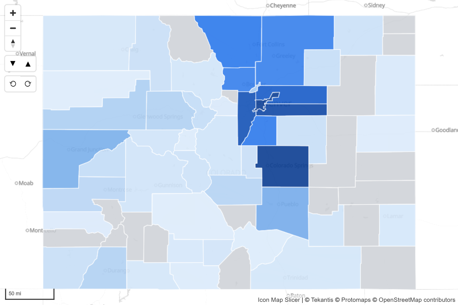Counties from an ArcGIS feature layer colored by a measure from the report, with unmatched counties in gray