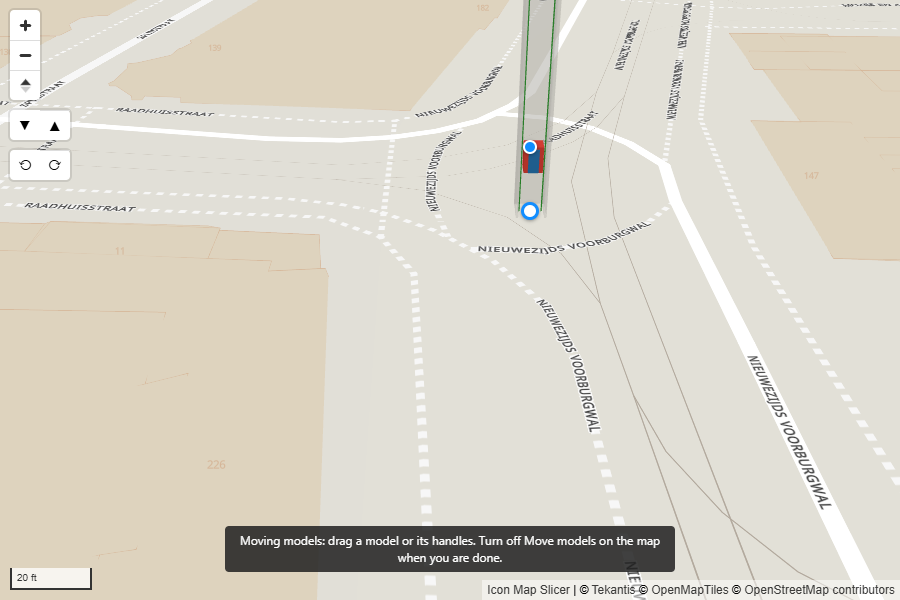 A lift shaft on the map with a white move handle at its base and a blue turn handle, and the note: Moving models: drag a model or its handles