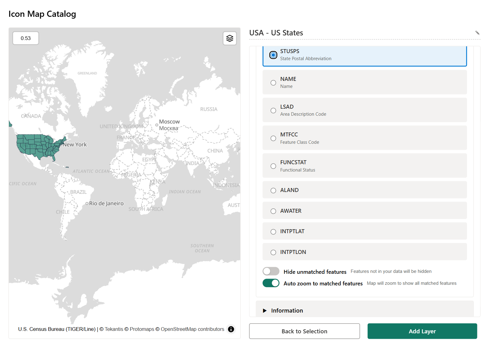 The catalog window with the US States layer open at its Data Binding options: the state code field is chosen, with Hide unmatched features and Auto zoom to matched features below