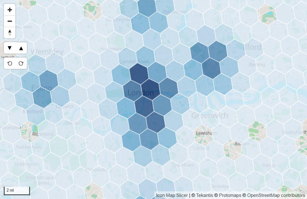 Sechseckige Zellen über einer Stadt, von Blassblau bis Dunkelblau schattiert