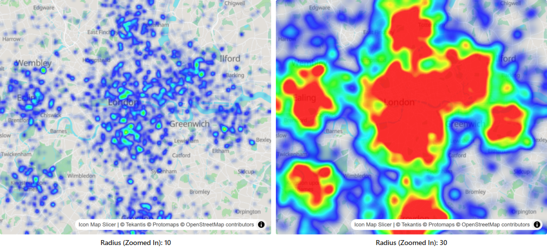 The same heatmap with a small radius and a large radius