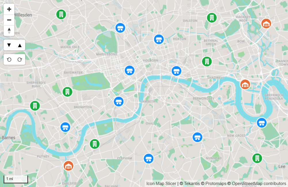 Iconos de distintos tipos que marcan ubicaciones en un mapa de calles