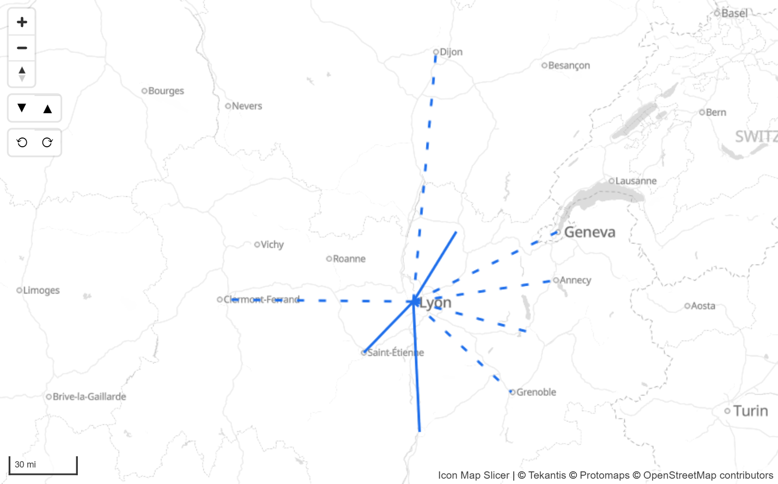 Gestrichelte Linien zwischen einem Lager und seinen Kunden
