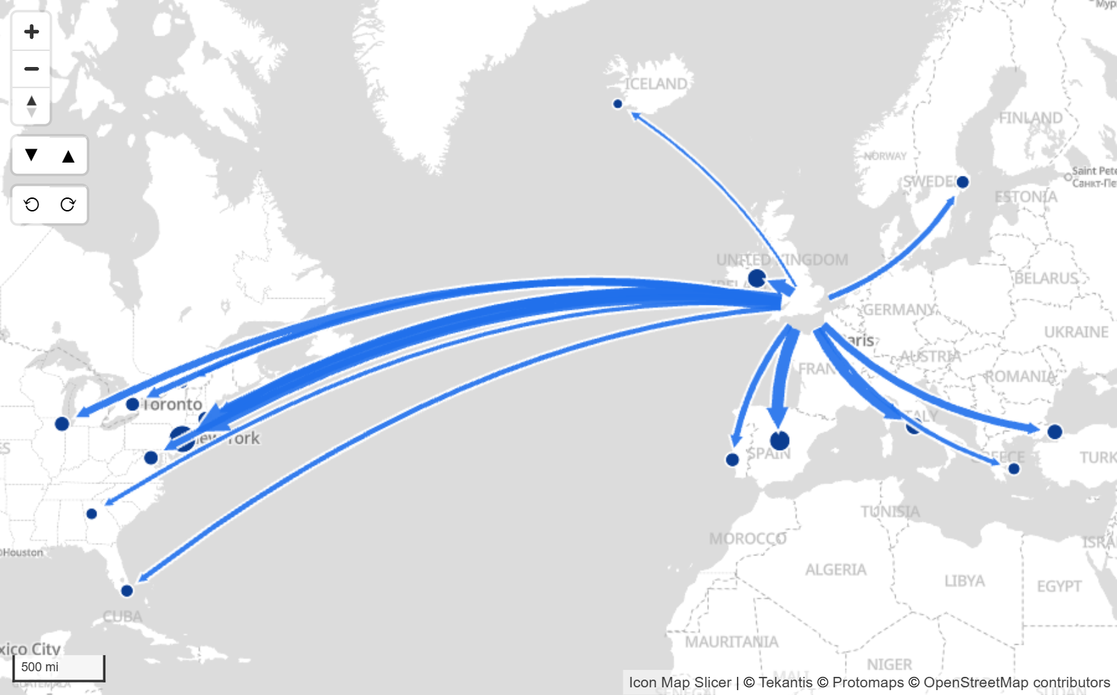 Gebogene Pfeile fächern sich von London zu Zielen in Europa und Nordamerika auf