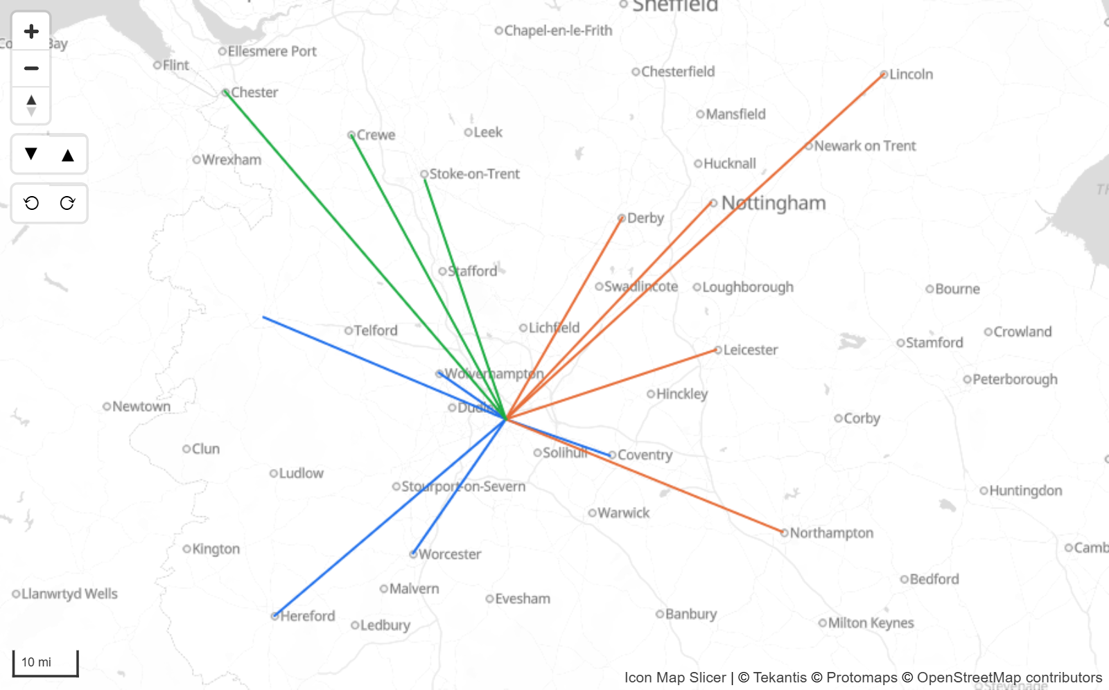 Gerade Linien von einem Depot zu Filialen, nach Region eingefärbt
