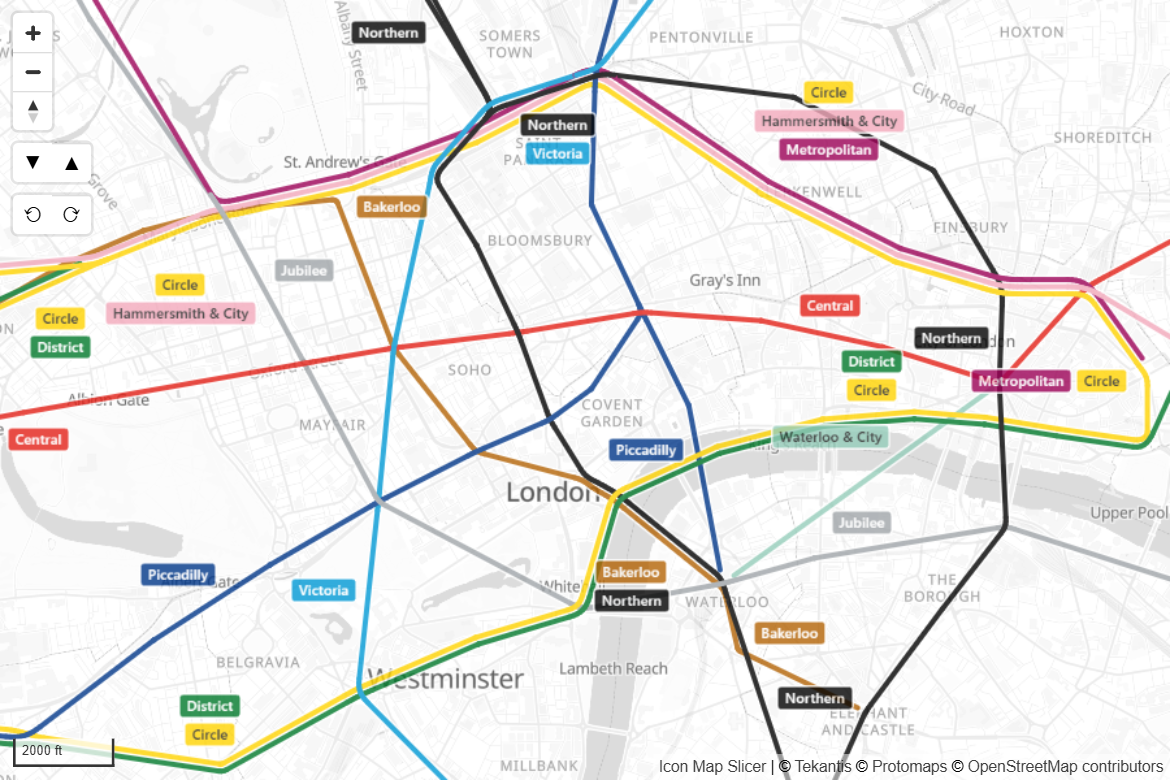 A transit network with several colored routes running side by side along shared streets