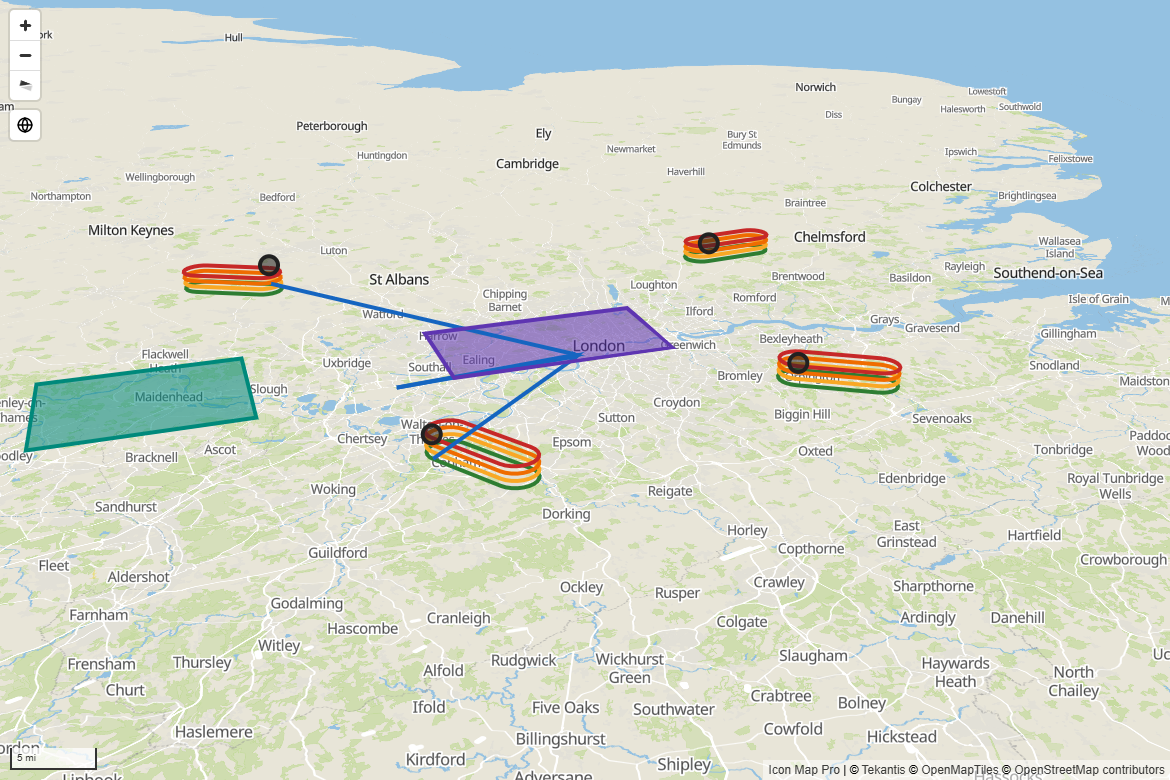 Holding stacks drawn as rising rings and airspace sectors as floating slabs over a tilted map
