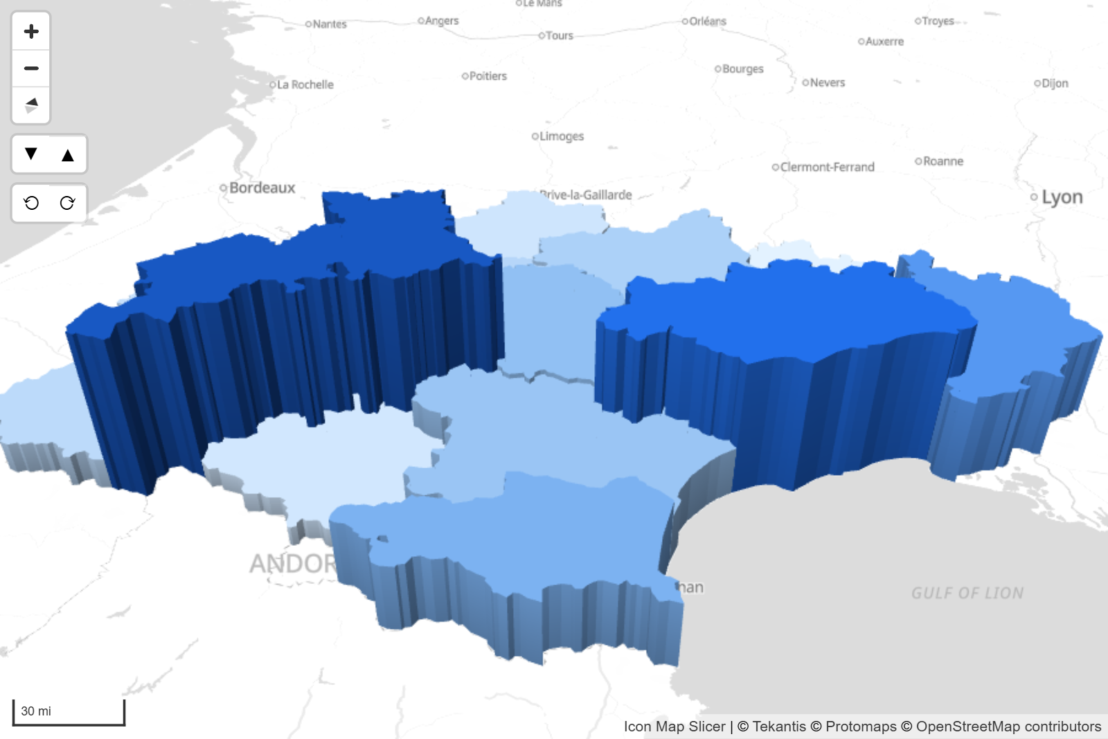 Polygons extruded to different heights on a tilted map