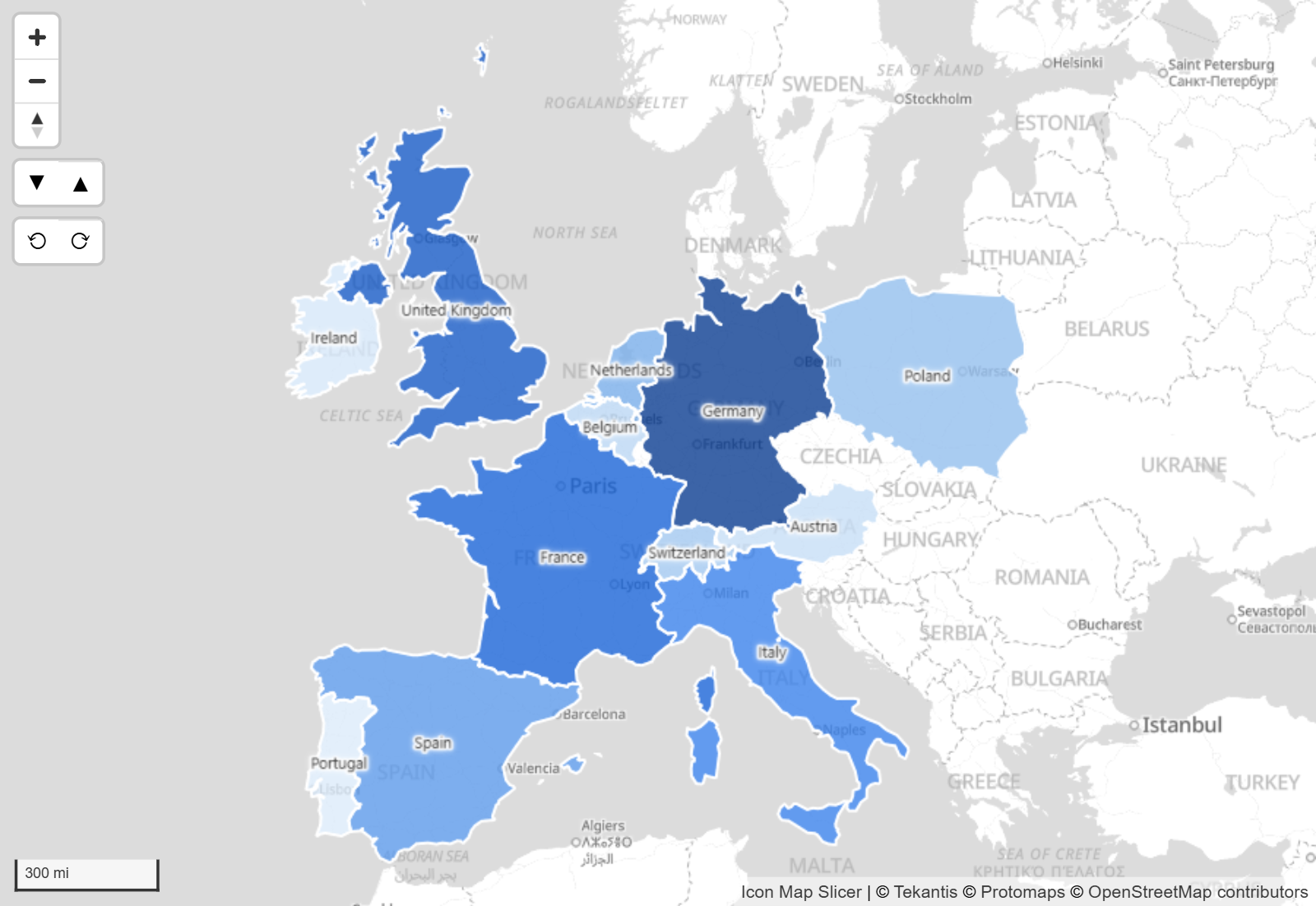 Sales territories drawn as colored polygons from WKT text held in the data