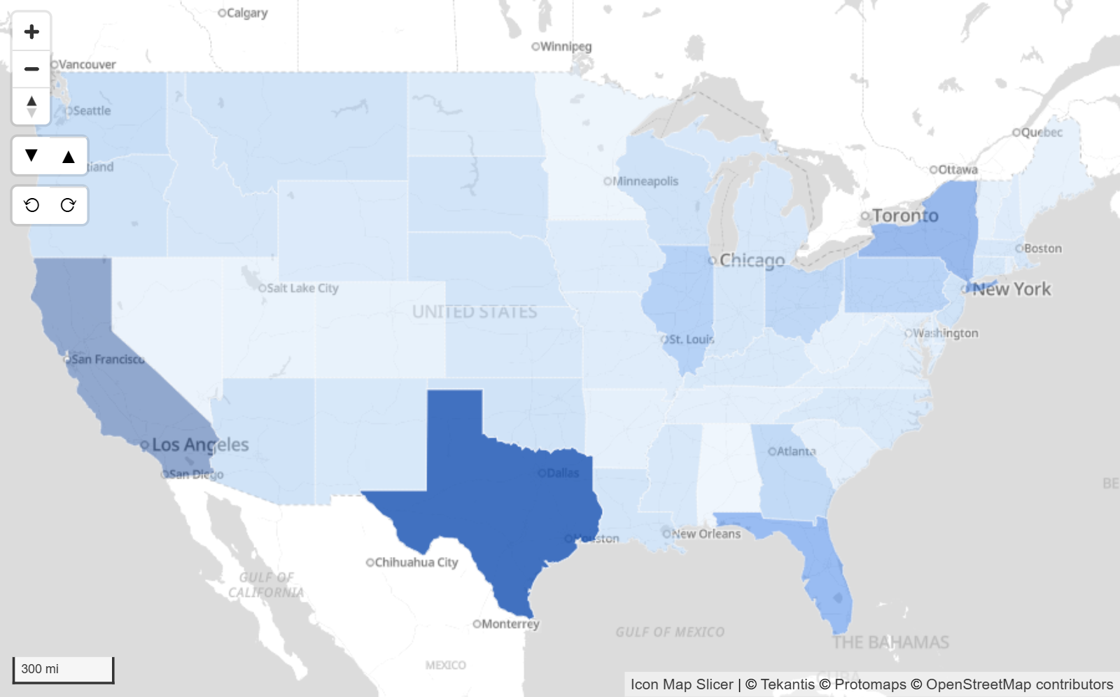 Regions colored from light to dark blue by a measure, with one region selected