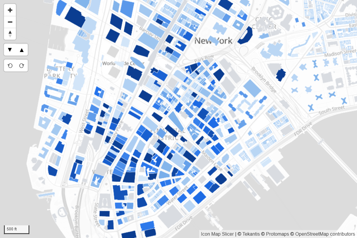 Thousands of building footprints colored by a measure, drawn from vector tiles, with unmatched buildings in gray