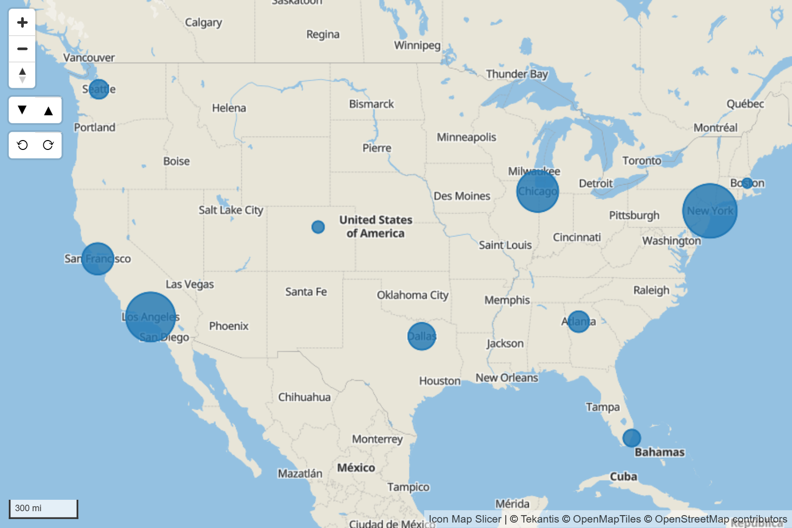 Ten circles of different sizes over the United States on the default basemap