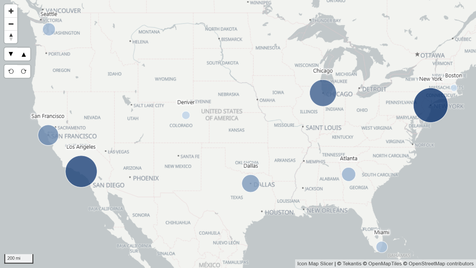 The finished map: ten US cities drawn as circles sized and colored by sales, each labeled with its city name, on a light basemap