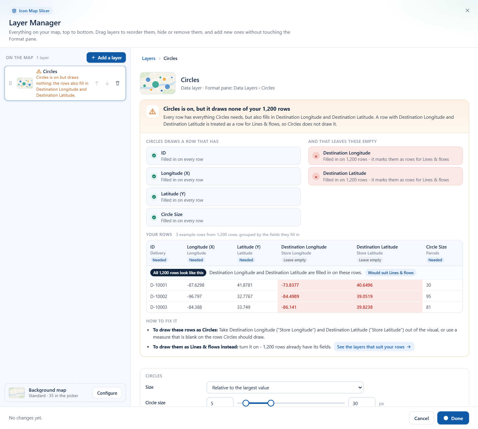 The Layer Manager explaining why a layer draws none of the report's rows, with example rows and a suggested fix