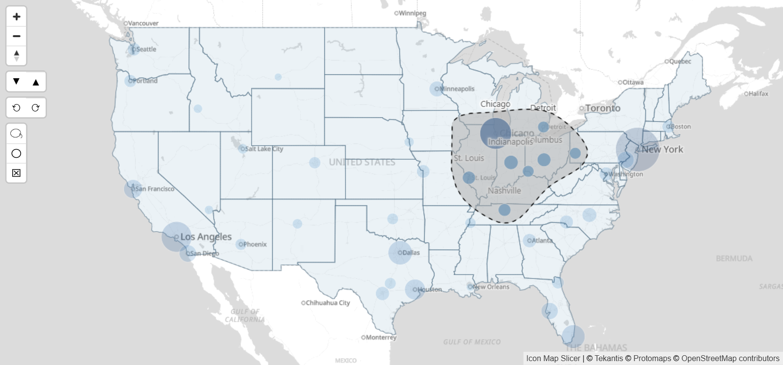 Eine Icon Map Slicer-Karte in einem Power BI-Bericht: eine Lassoauswahl um eine Gruppe von Kreisen, die hell bleiben, während die übrigen verblassen