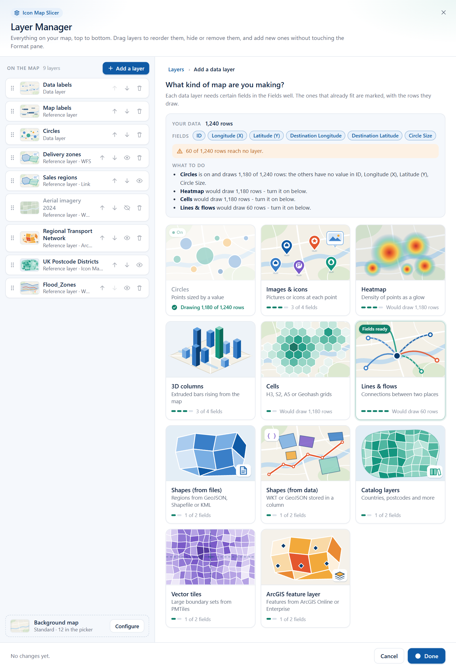 The data layer picker, with the Your data panel above the tiles and badges showing which layer types fit the fields