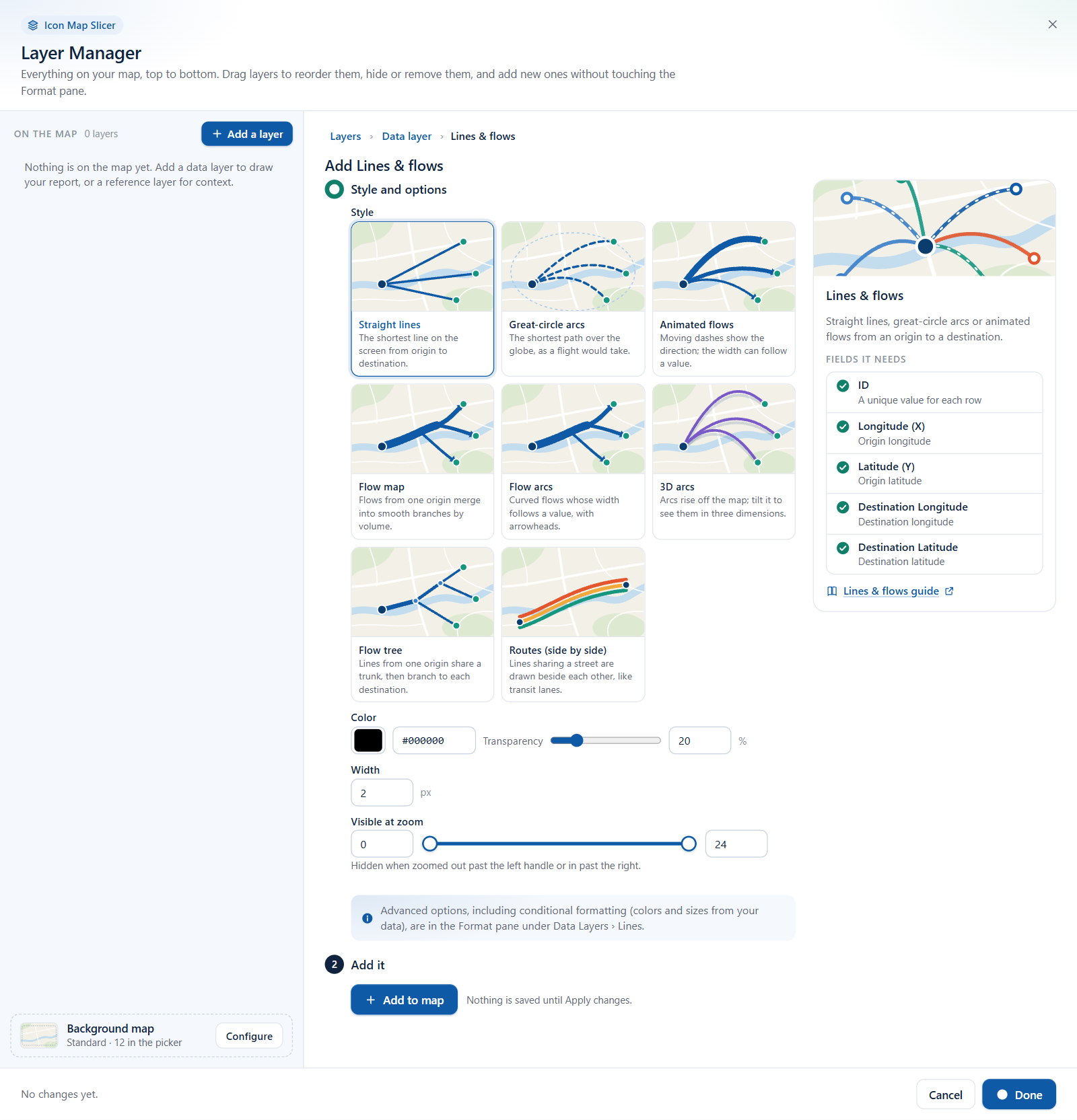 The Lines and flows wizard with the Style picker showing a tile for each line style