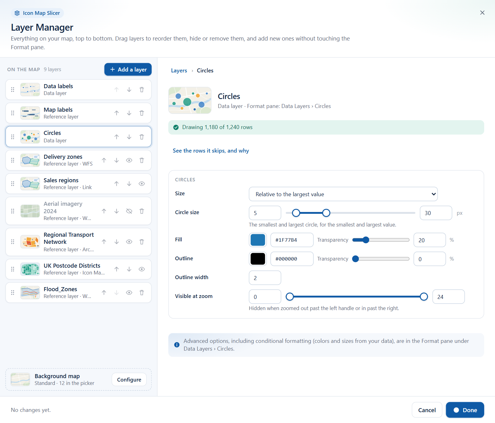 The editor for a Circles layer, with size, fill, outline and zoom fields