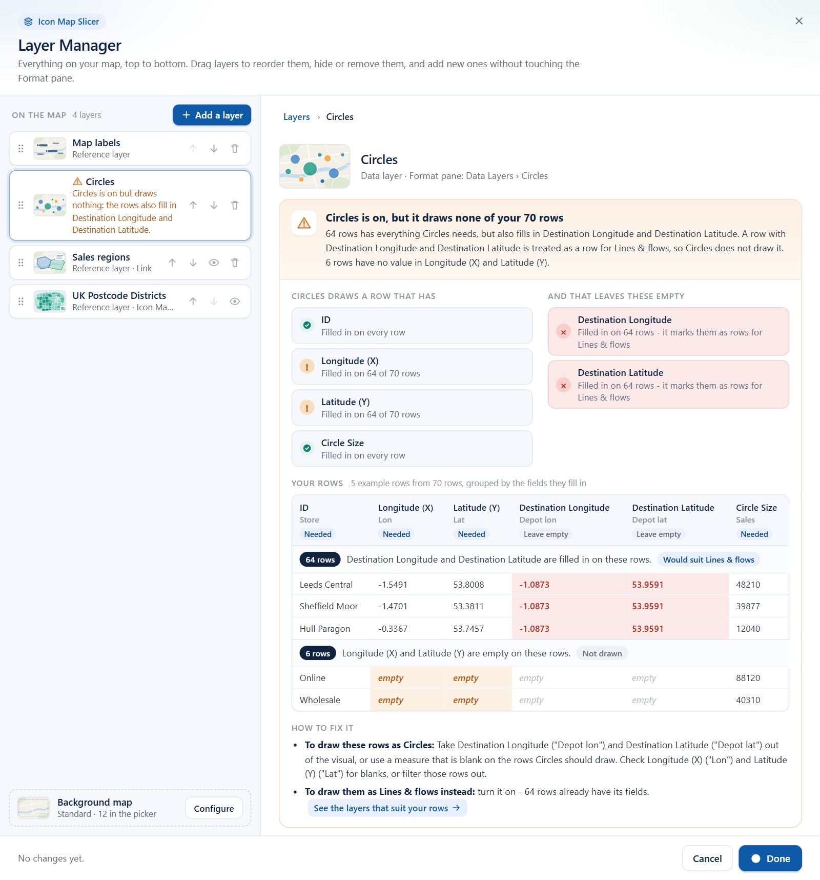 The explanation in a Circles layer's editor: a headline, the fields the layer needs, example rows from the report and how to fix it