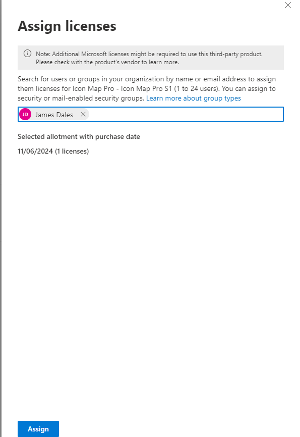 The Assign licenses panel with a box for users and groups