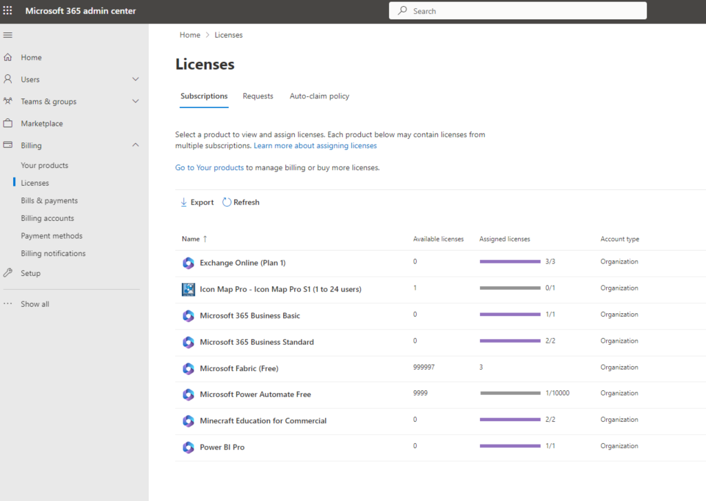 The Licenses page of the Microsoft 365 admin center, listing each Icon Map product and plan you have bought