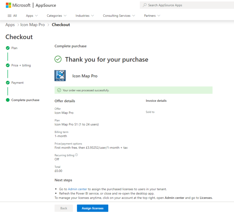 The AppSource order confirmation with the Assign licenses link