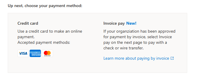 The AppSource payment page with no invoice option available
