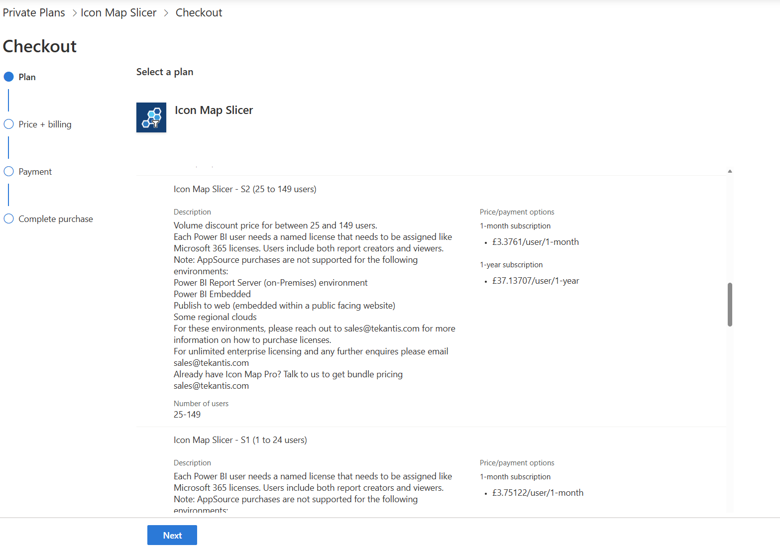 The AppSource checkout plan page listing the Icon Map Slicer plans by number of users