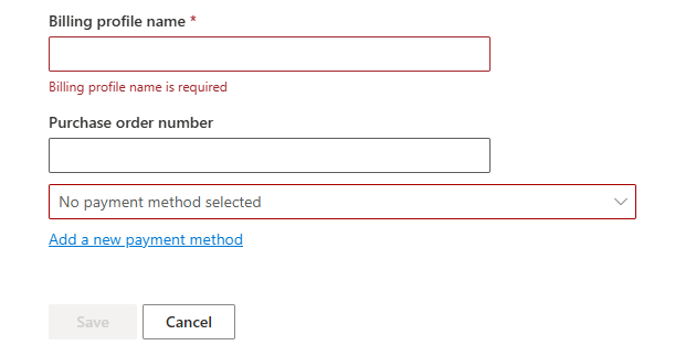 The billing profile form with the purchase order number box