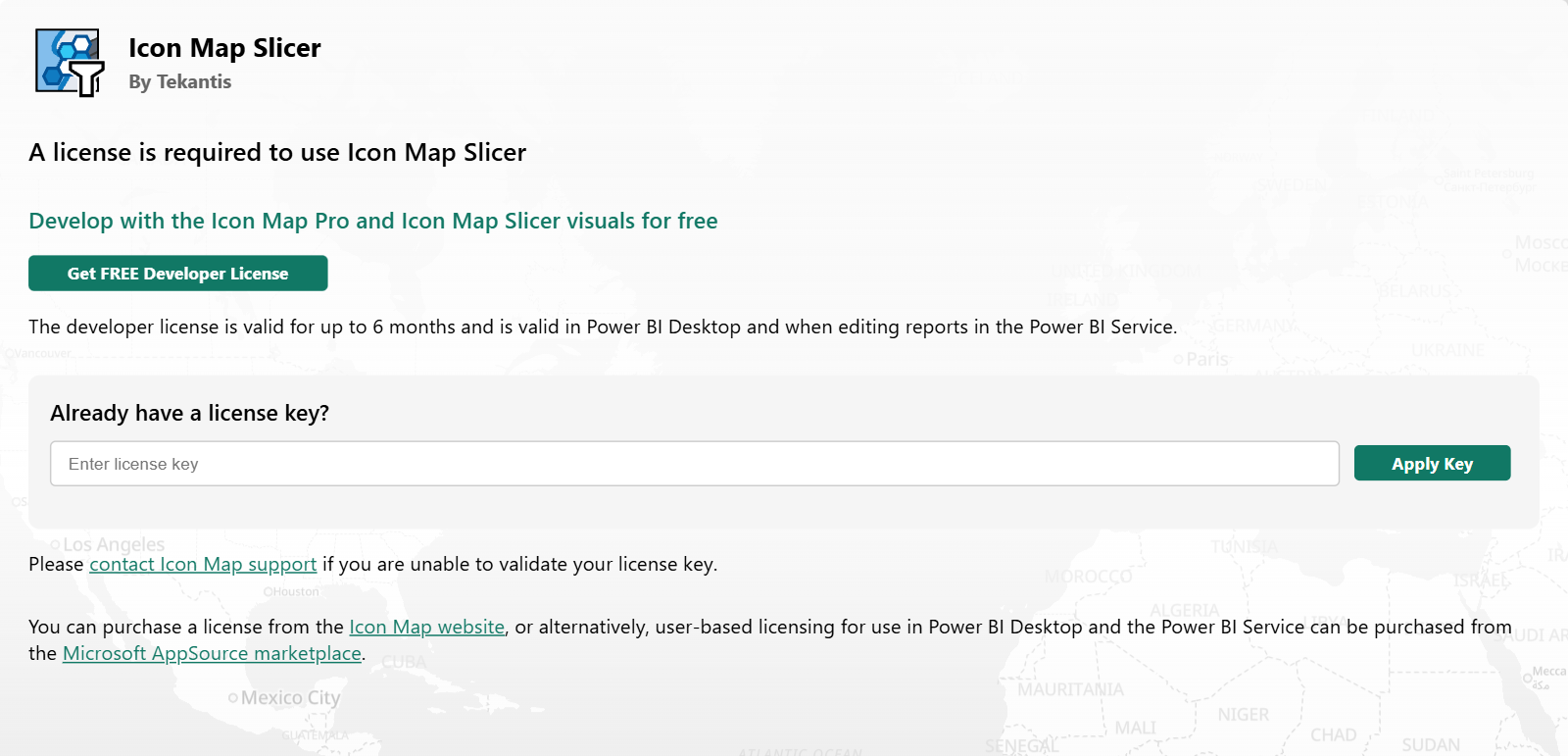 The license message on an unlicensed map while editing, with the Get FREE Developer License button and the box for an existing license key