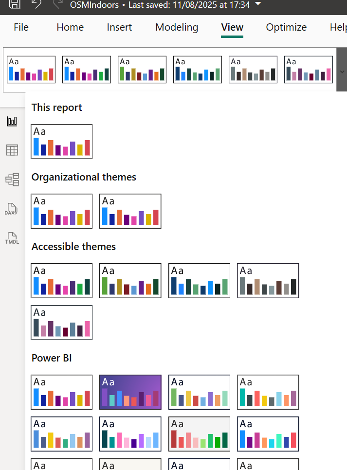 The Themes menu in Power BI Desktop with Browse for themes
