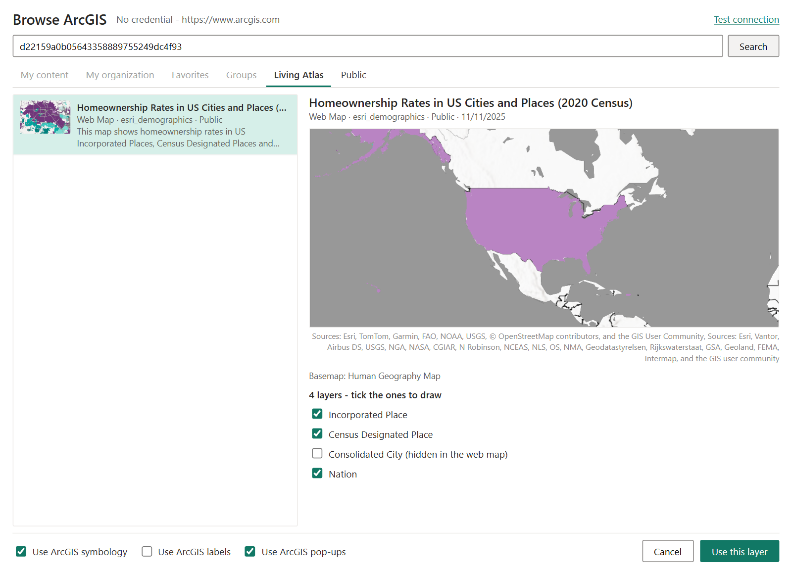 The Browse ArcGIS window previewing a web map, with a check box for each of its layers