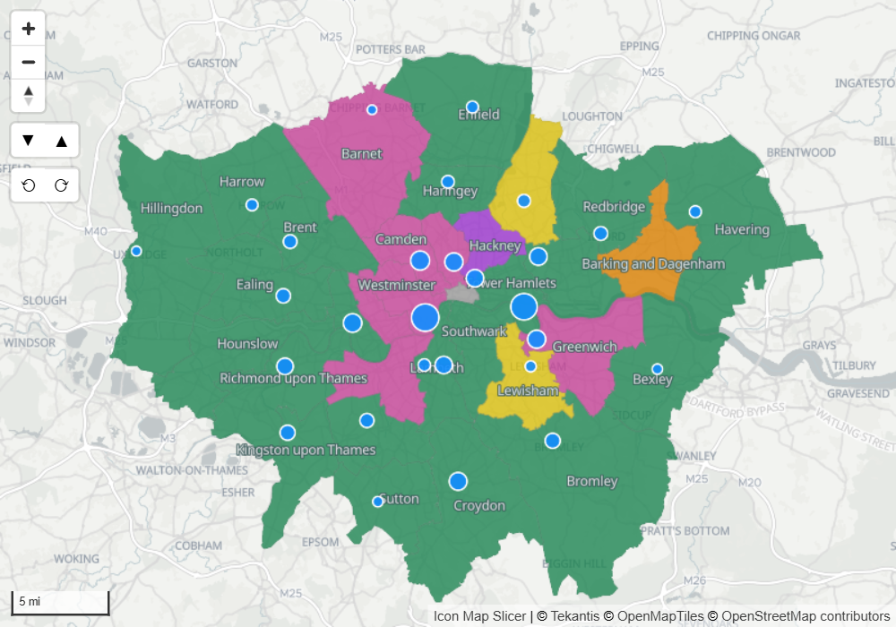 An ArcGIS feature layer drawn with its ArcGIS symbology and labels under circles from the report's data