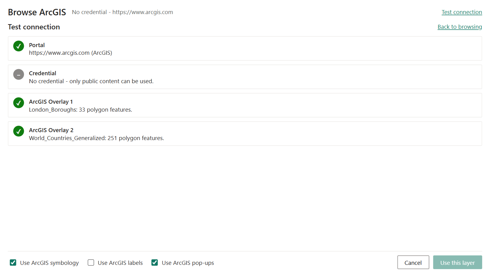 The Test connection view listing the Portal, Credential and Layers checks with a result for each