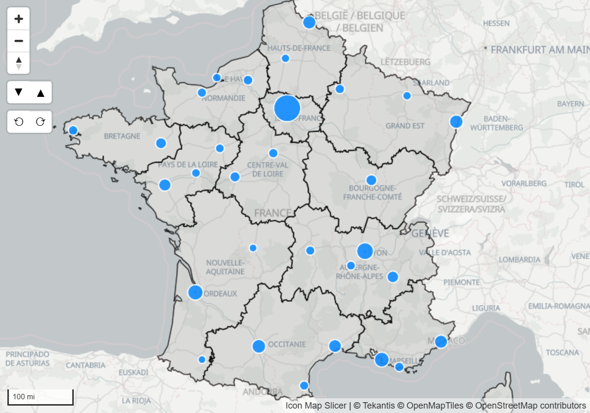Sales territories from a GeoJSON file drawn as outlined polygons under circles from the report's data