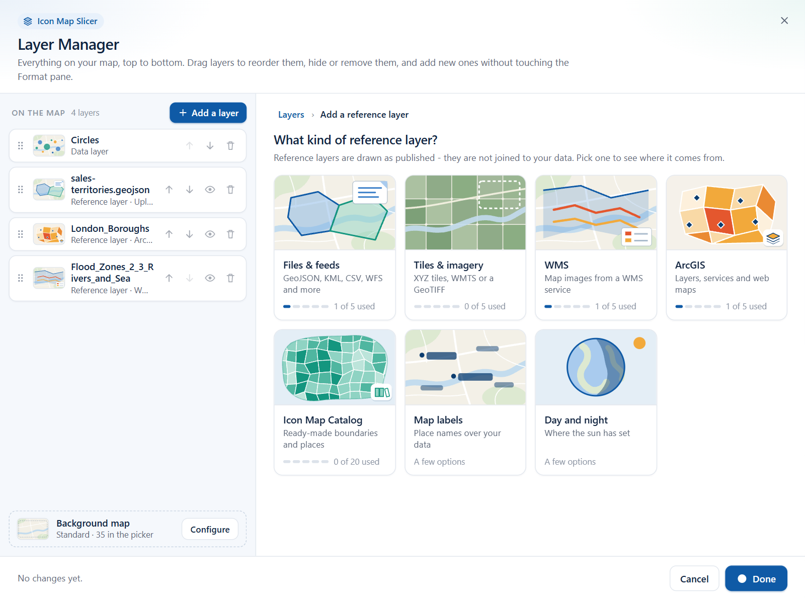 The Layer Manager reference layer picker with a tile for each type of reference layer
