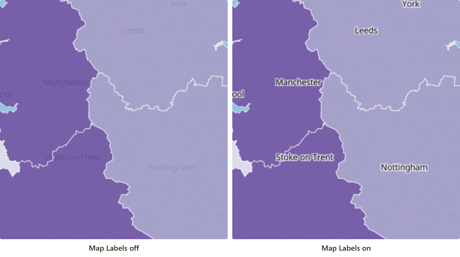Two maps of the same filled regions side by side: on the left the town names are hidden under the fill, on the right Map Labels draws them on top