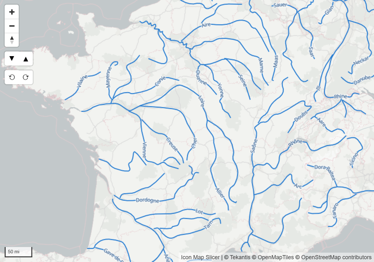 A river network from a file with each river's name curving along its line