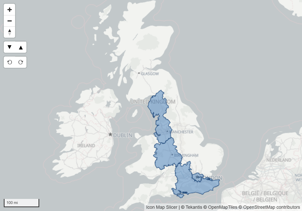 Boundaries from a vector tile style, filtered so that only the regions in the report's data are drawn