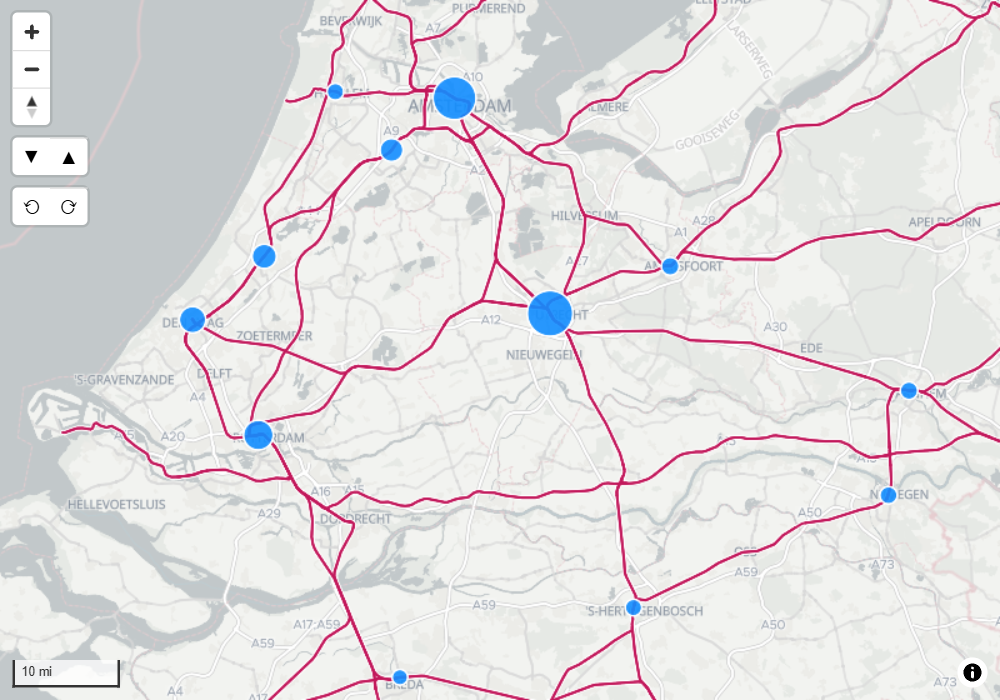 Railway lines from a vector tile style drawn over the Icon Map basemap, with circles from the report's data on top