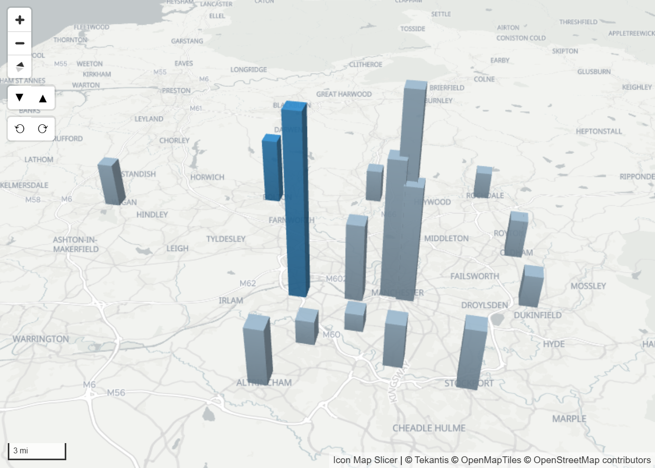 A tilted map of 3D columns where two selected columns keep their color and the others have turned gray