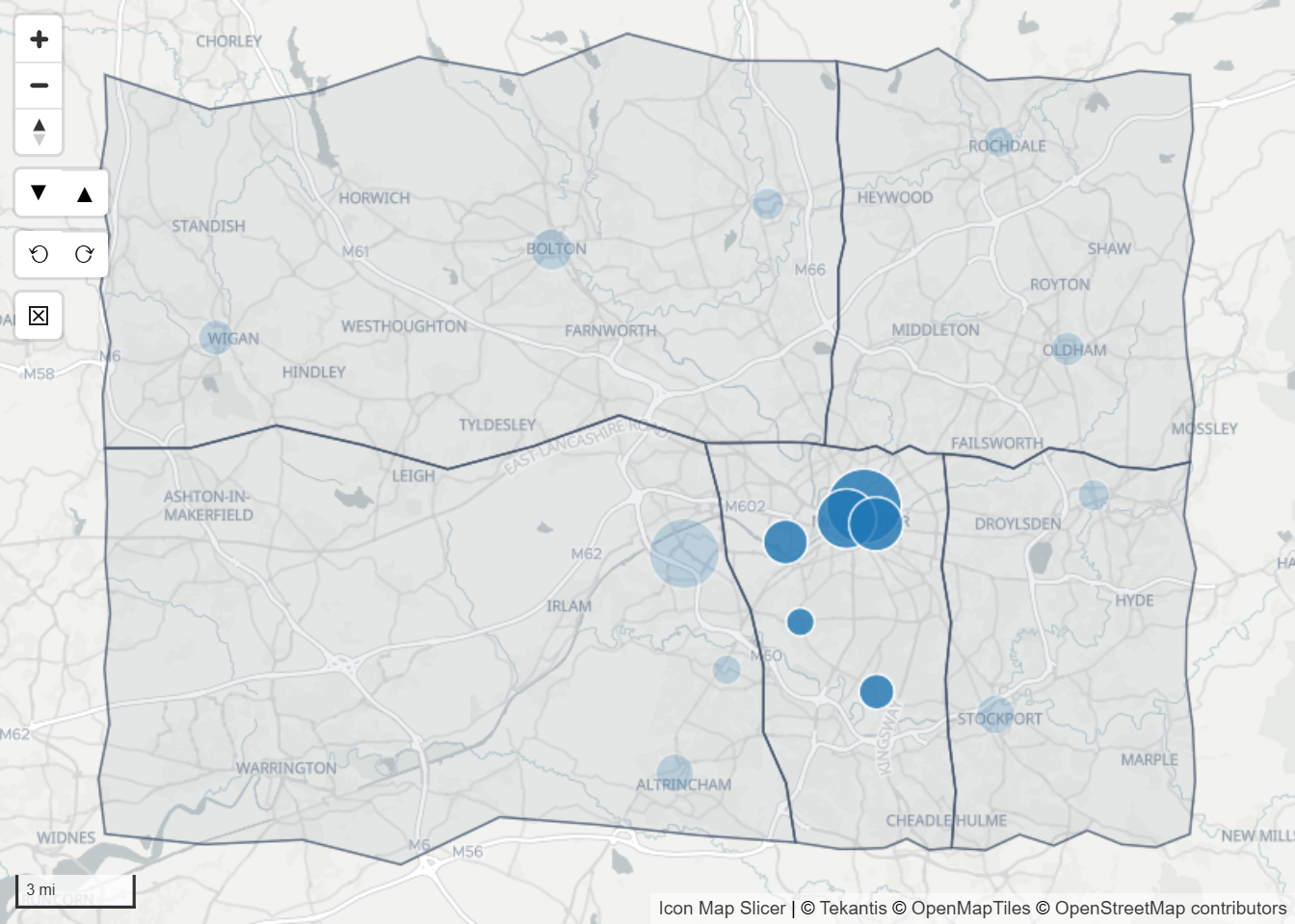 A sales territory polygon clicked on the map, with the store circles inside it selected and the stores outside faded