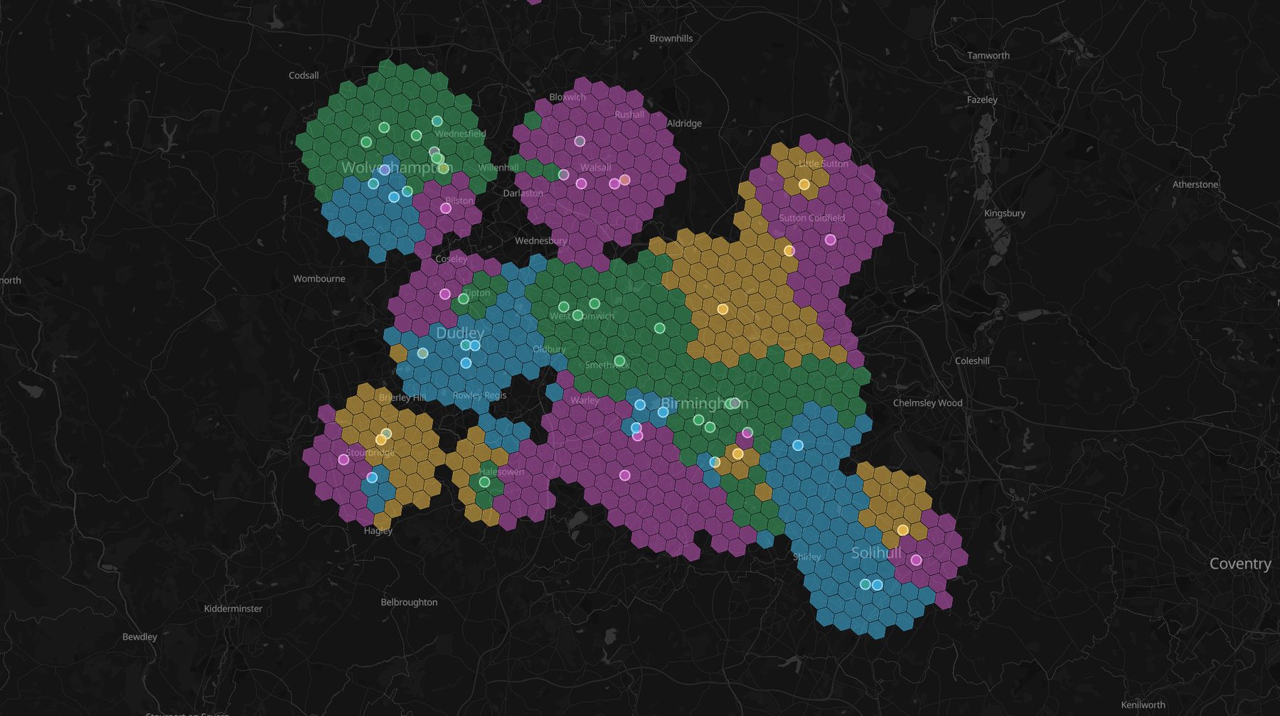 Hex map of the leading brand per area in four brand colors with stores overlaid